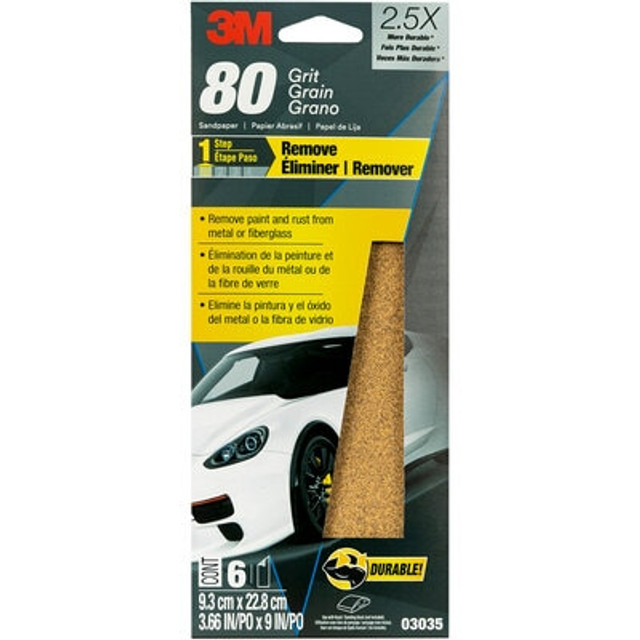 3M Sandpaper 03035, 3-2/3 in x 9 in, 80 Grit, 20 Pack/Case