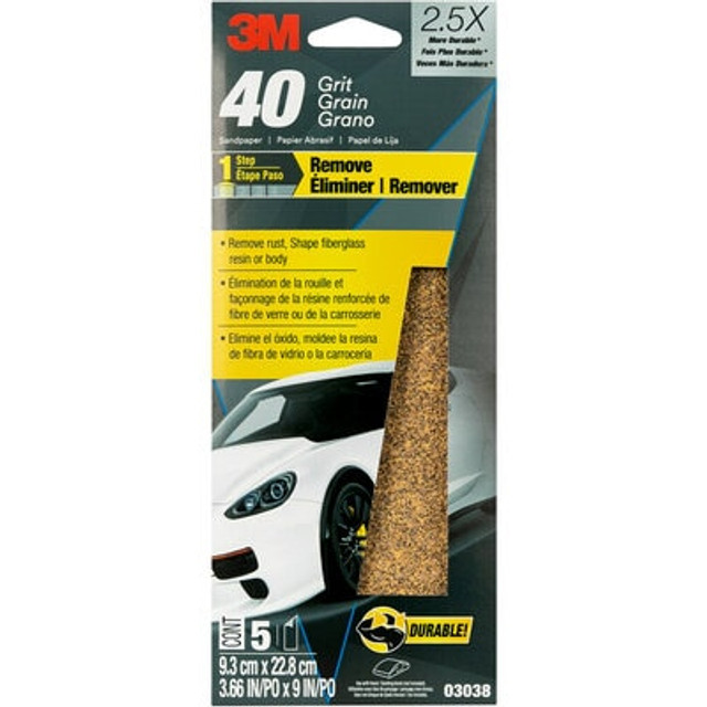 3M Sandpaper 03038, 3-2/3 in x 9 in, 40 Grit, 20 Pack/Case