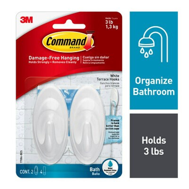 Command White Terrace Hook with Water-Resistant Strips, 17086-BES