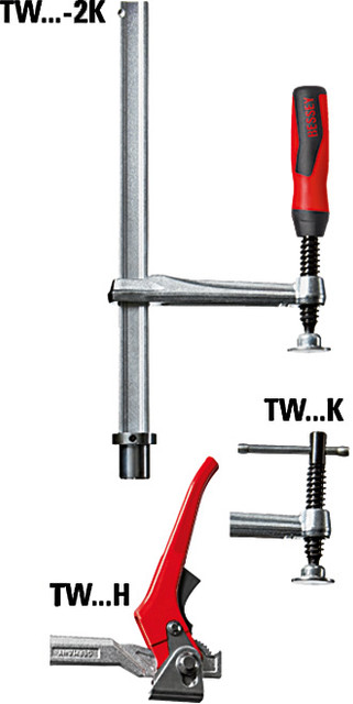 BESSEY welding table clamps designed for 28 mm matrix tables are available in a wide range of choices for different needs including variable throat depth versions and accessories to complement the clamps. The TW28 series from BESSEY offers clamping elements with two fixed throat depths of 4.75 in. (120 mm) in. and 5.5 in., and a clamping capacity of approx. 12 in. (300 mm). For increased flexibility the TWV28 series adds 3 more clamps into the mix that have variable throat depth. The variable throat depth may be set to any distance that falls within the min-max range of the sliding arm. Both series are characterized by a tempered profiled rail and forged sliding arm for strength where you need it, as well as the option to choose between three handle variants. The versions with the high quality 2-component plastic handle and the T-bar have a smooth-running trapezoidal threaded spindle and replaceable pressure pads that require no tools to install. The lever handle variant has a positive locking ratchet mechanism for controlled, fast and vibration-proof clamping. There is also version with a gripping arm (TW28GRS) and a heavy duty version with T-handled spindle and heavy-duty MorPad. Many accessories are available, such as V-blocks, variable risers and assorted adapters that enable the use of toggle clamps and other machine-table clamps on matrix tables with 28 mm holes. BESSEY. Simply better.