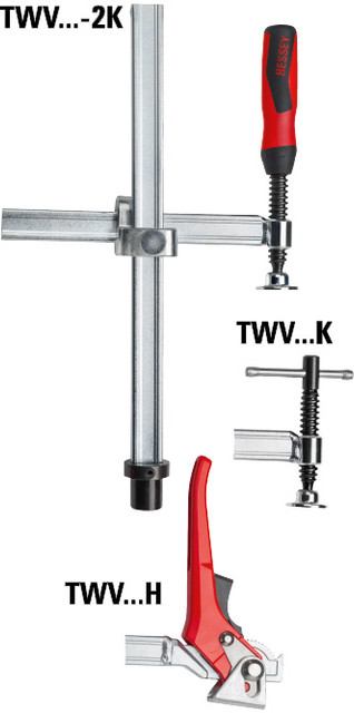 BESSEY welding table clamps designed for 28 mm matrix tables are available in a wide range of choices for different needs including variable throat depth versions and accessories to complement the clamps. The TW28 series from BESSEY offers clamping elements with two fixed throat depths of 4.75 in. (120 mm) in. and 5.5 in., and a clamping capacity of approx. 12 in. (300 mm). For increased flexibility the TWV28 series adds 3 more clamps into the mix that have variable throat depth. The variable throat depth may be set to any distance that falls within the min-max range of the sliding arm. Both series are characterized by a tempered profiled rail and forged sliding arm for strength where you need it, as well as the option to choose between three handle variants. The versions with the high quality 2-component plastic handle and the T-bar have a smooth-running trapezoidal threaded spindle and replaceable pressure pads that require no tools to install. The lever handle variant has a positive locking ratchet mechanism for controlled, fast and vibration-proof clamping. There is also version with a gripping arm (TW28GRS) and a heavy duty version with T-handled spindle and heavy-duty MorPad. Many accessories are available, such as V-blocks, variable risers and assorted adapters that enable the use of toggle clamps and other machine-table clamps on matrix tables with 28 mm holes. BESSEY. Simply better.