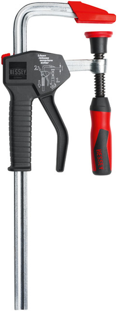 The award winning BESSEY PowerGrip™ is the only one-handed clamp capable of creating 1000 Lbs of clamping force - truly industrial grade! Easy slide button to allow you to position the jaw quickly with one hand.  Pumping the two-way lever holds the work piece in place with up to 200 Lbs of force. Need more? Turn the ACME threaded spindle to increase the force up to 1000 Lbs. Comes with removable non-marring pads for more delicate finished surfaces. BESSEY. Simply better.