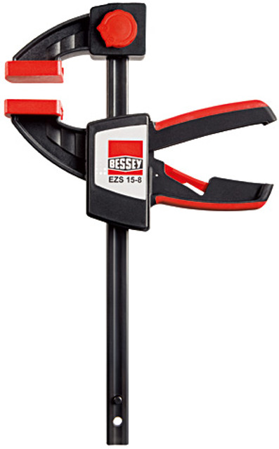 The EZS series clamps are a powerful bit of technology from BESSEY. They make it possible for you to create up to 445 pounds of clamping force and do it single handed. This leaves one hand free to hold the work piece in place while clamping. EZS clamps are also reversible so that a spreading action is created. BESSEY. Simply better.