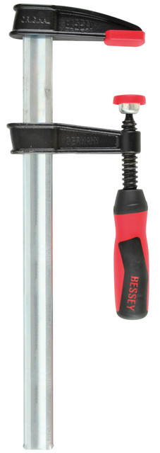 The original malleable cast iron bar clamp with an inline wood handle was the world's first sliding arm bar clamp. A rugged, trusted and durable staple of every wood shop. The original wood handles remain very popular, and are still available. Manyclamps are also available with BESSEY's 2K handle. These high-tech 2 part composite plastic handles give you extra grip when you need it. The ultimate handle for maximizing torque is the T-bar (sliding pin) handle, and is available as an option on many of the popular sizes of TG series clamps. Many of these clamps have also been fitted with pressure pads that are easily replaced, and allow for replacement of damaged spindles. These clamps are available in a wide variety of sizes. BESSEY. Simply better.