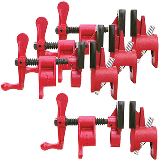 The pipe clamp is what many people think about when they think clamps for woodworking. They are exceptionally affordable - you buy the a set of clamping fixtures (head & tail piece), then attach them to a length of iron black pipe.  Clamping fixtures are available to fit 1/2 inch & 3/4 inch black pipe, something to remember is that pipe is sized by its inside diameter (size of hole) not the external dimension.  Clamping fixtures for black pipe offer versatility, as clamp capacity is only limited by the length of pipe you select. It takes very little time to move the clamping fixtures from one pipe to another. Features ACME threaded spindle & multiple clutch plates. They are easy to assemble & incredibly durable. BESSEY. Simply better.