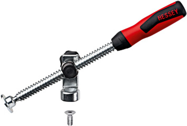 The TW28AV is just one of the many accessories available for BESSEY welding table clamps. It is a pivoting spindle that not only gives you clamping in the horizontal plane but 104 degrees of adjustment. The stepless adjustment allows you to set any angle between -52 degrees to +52 degrees. An easy to use hand knob allows you to lock the spindle at the required angle. Spindle has over 6-1/2 inches of travel. BESSEY. Simply better.
