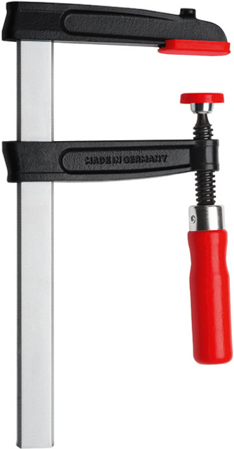 This bar clamp features an ergonomically shaped wood handle. It has a stable, solid flat rail with serrations to prevent slipping. The flat rails are an economical alternative. BESSEY German quality at an appealing price for medium duty industrial applications. BESSEY. Simply better.