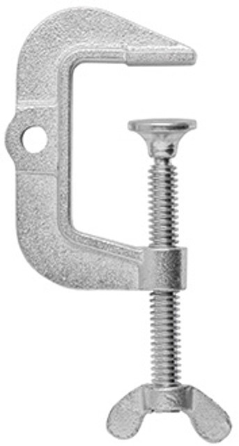 This is a handy 50 mm (2 inch) capacity malleable cast C-clamp, with an 8.4 mm (0.330 inch) diameter hole for connecting a welding ground wire. This ground clamp is rated for 200 Amps. Easy to use butterfly handle on clamping spindle. BESSEY. Simply better.