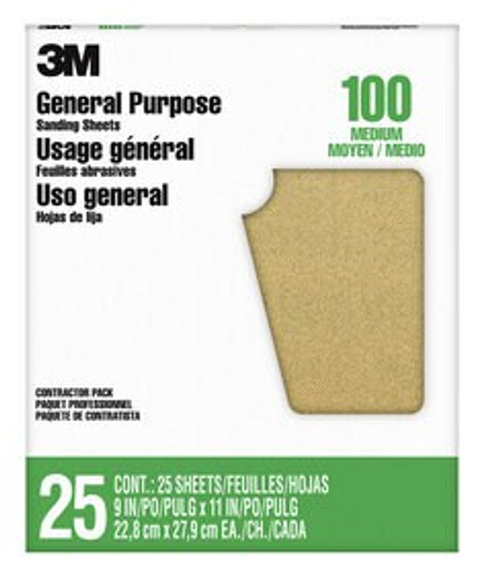3M General Purpose Sanding Sheets, 11604NA-25, 9 in x 11 in, 100 grit, Medium grit, 25 sheets/pk,
5 pks/cs 3M General Purpose Sanding Sheets, 11604NA-25, 9 in x 11 in, 100 grit, Medium grit, 25 sheets/pk,
5 pks/cs