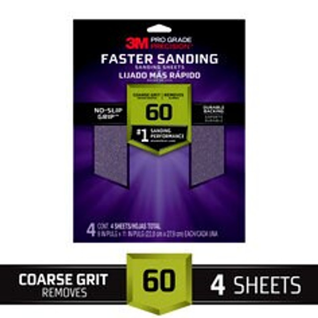 3M Pro Grade Precision Faster Sanding Sanding Sheets 26060PGP-4, 9 in x 11 in, 60 grit, Coarse, 4/pk