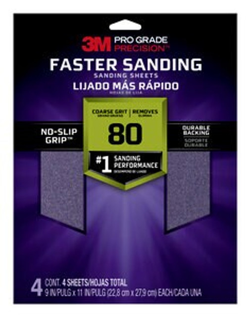 3M Pro Grade Precision Faster Sanding Sanding Sheets 26080PGP-4, 9 in x 11 in, 80 grit, Coarse, 4/pk