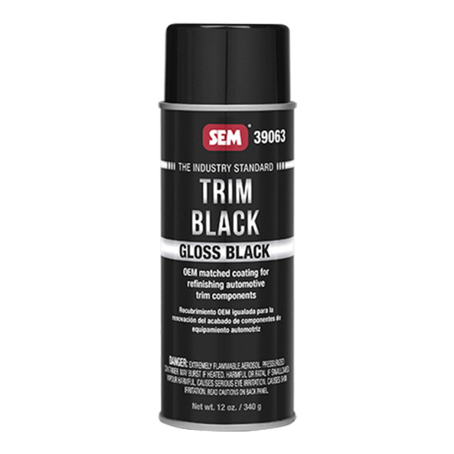 TRIM BLACK 39063 Paint, Gloss, Black, 654.4 g/L VOC, 16 oz, Aerosol Can