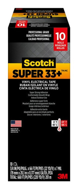 Scotch Super 33+ Electrical Tape, 6132-BA-100, 3/4 in x 66 ft x 0.007
in (19 mm x 20,1 m x 0.177 mm), 100/case