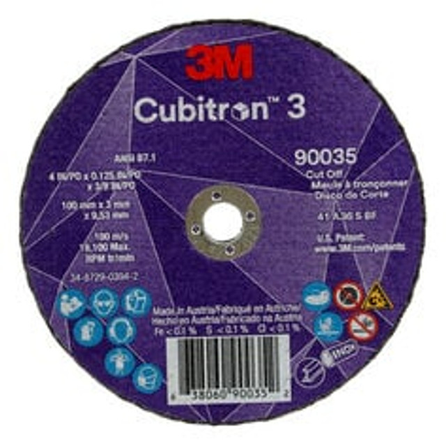 3M Cubitron 3 Cut-Off Wheel, 90035, 36+, T1, 4 in x 1/8 in x 3/8 in (100 x 3 x 9.53 mm), ANSI, 25/Pack, 50 ea/Case