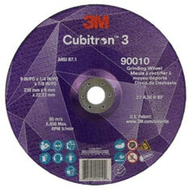 3M Cubitron 3 Depressed Center Grinding Wheel, 90010, 36+, T27, 9 in x
1/4 in x 7/8 in (230x6x22.23mm) ANSI, 10/Pack, 20 ea/Case