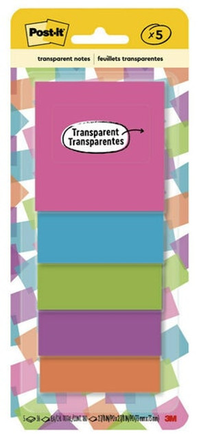 Post-it Transparent Notes 600-5COL, 2-7/8 in x 2-7/8 in (73 mm x 73 mm) 36 Sheet, 5 pack