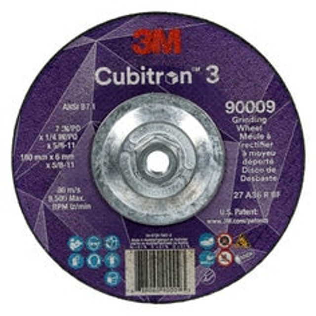 3M Cubitron 3 Depressed Center Grinding Wheel, 90009, 36+, T27, 7 in x
1/4 in x 5/8 in-11 (180x6mmx5/8-11in), ANSI, 10 ea/Case