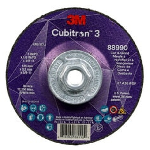 3M Cubitron 3 Cut and Grind Wheel, 88990, 36+, T27, 5 in x 1/8 in x
5/8 in-11 (125 x 3.2 mm x 5/8-11 in), ANSI, 10 ea/Case