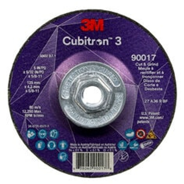 3M Cubitron 3 Cut and Grind Wheel, 90017, 36+, T27, 5 in x 5/32 in x
5/8 in-11 (125 x 4.2 mm x 5/8-11 in), ANSI, 10 ea/Case