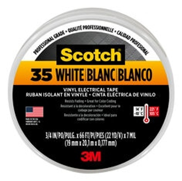 Scotch #35 Electrical Tape, 10828-DL-2W, 0.75 in x 66 ft x 7 mil,
White, 10/case