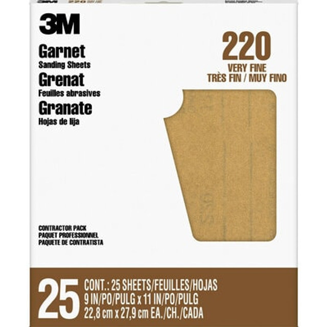 3M Garnet Sanding Sheets 99411NA, 9 in x 11 in, 220 grit, 25 sheets/pk, 10 pks/cs