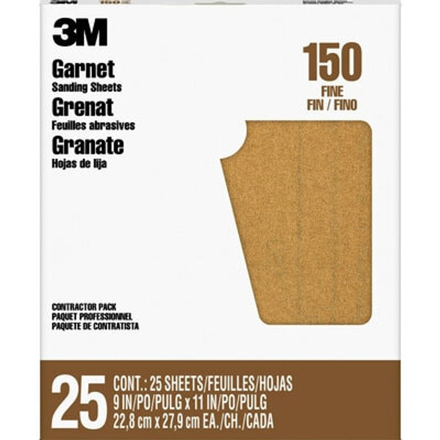 3M Garnet Sanding Sheets 88595NA, 9 in x 11 in, 150 grit, 25 sheets/pk, 10 pks/cs