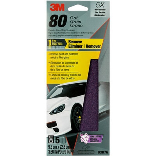3M Performance Sandpaper 03076, 3-2/3 in x 9in, 80 Grit, 5/Pack, 20 Pack/Case 3M Performance Sandpaper 03076, 3-2/3 in x 9in, 80 Grit, 5/Pack, 20 Pack/Case