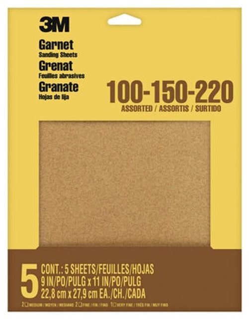 3M Garnet Sanding Sheets 9040NA, 9 in x 11 in, Assorted Grits, 5 sheets/pk, 10 pks/inner, 50 pks/cs