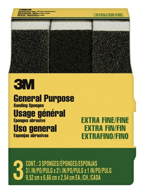 3M General Purpose Sanding Sponge 907NA-3P-CC, 3 3/4 in x 2 5/8 in x 1 in, Dual Grit, Extra Fine/Fine, 3 spgs/pack, 6 pks/cs