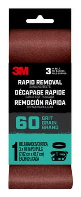 3M Rapid Removal 3x18 Power Sanding Belt, 60 grit, Belt3x1860, 1 pk, 10/case