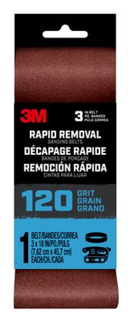 3M Rapid Removal 3x18 Power Sanding Belt, 120 grit, Belt3x18120, 1 pk, 10/case