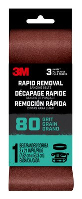 3M Rapid Removal 3x21 Power Sanding Belt, 80 grit, Belt3x2180, 1 pk, 10/case
