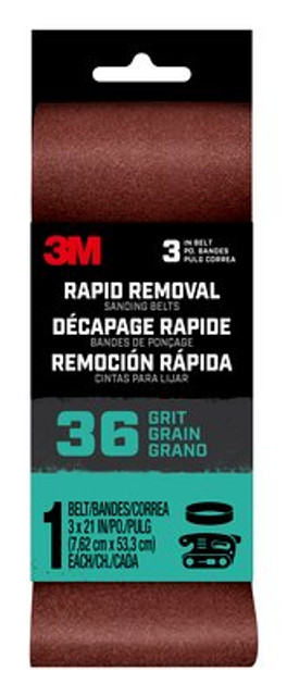 3M Rapid Removal 3x21 Power Sanding Belt, 36 grit, Belt3x2136, 1 pk, 10/case