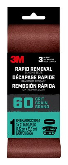 3M Rapid Removal 3x21 Power Sanding Belt, 60 grit, Belt3x2160, 1 pk, 10/case