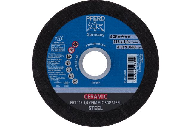 PFERD Cut-Off Wheel, 4-1/2" x .040 x 7/8, CERAMIC SGP STEEL, T1, Ceramic oxide