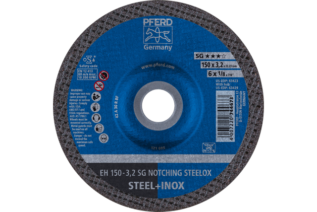 PFERD Grinding Wheel, 6" x 1/8 x 7/8, SG NOTCHING STEELOX, T27, Aluminum oxide