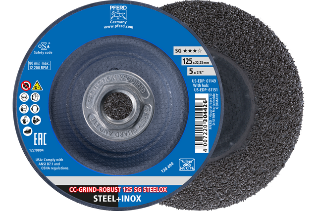 PFERD Grinding disc, CC-GRIND®-ROBUST, 5" x 5/8-11, SG STEELOX, Ceramic