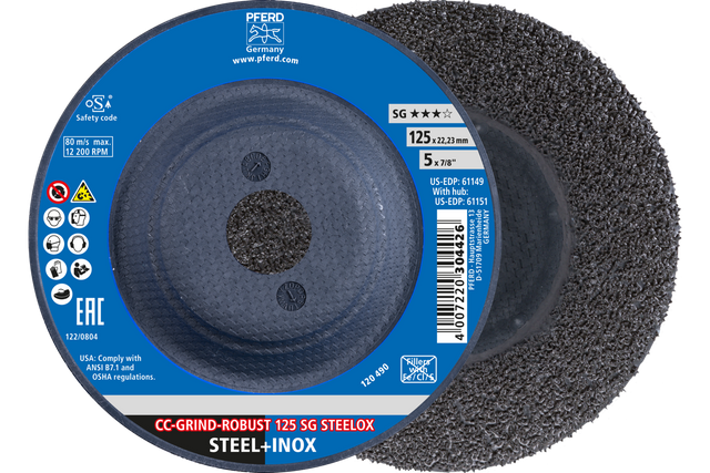 PFERD Grinding disc, CC-GRIND®-ROBUST, 5" x 7/8, SG STEELOX, Ceramic