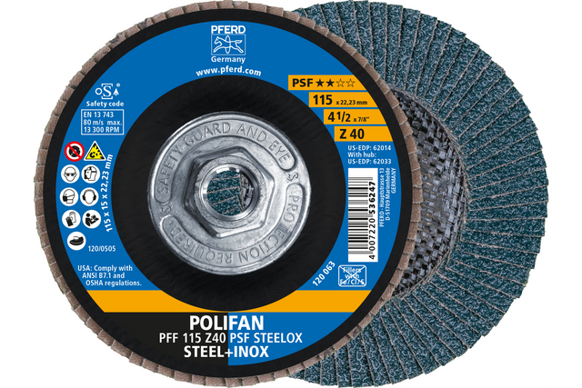 PFERD Flap Disc, 4-1/2" x 5/8-11, Z PSF STEELOX, 40 Grit, T27, Flat, Zirconia