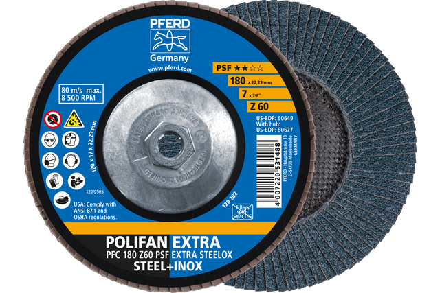 PFERD Flap Disc, 7" x 5/8-11, Z PSF EXTRA STEELOX, 60 Grit, T29, Conical, Zirconia