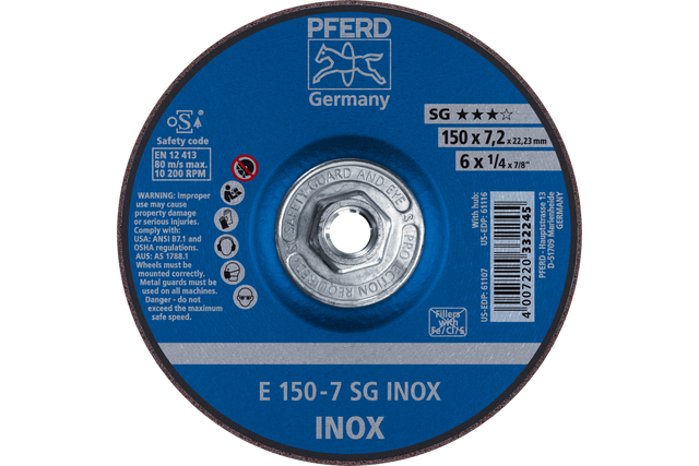 PFERD Grinding Wheel, 6" x 1/4 x 5/8-11, SG INOX, T27, Aluminum oxide