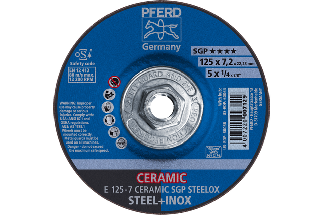 PFERD Grinding Wheel, 5" x 1/4 x 5/8-11, CERAMIC SGP STEELOX, T27
