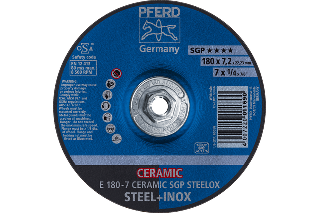 PFERD Grinding Wheel, 7" x 1/4 x 5/8-11, CERAMIC SGP STEELOX, T27