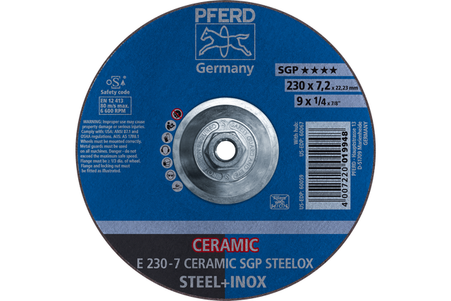PFERD Grinding Wheel, 9" x 1/4 x 5/8-11, CERAMIC SGP STEELOX, T27