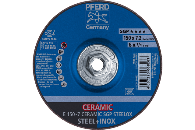 PFERD Grinding Wheel, 6" x 1/4 x 5/8-11, CERAMIC SGP STEELOX, T27