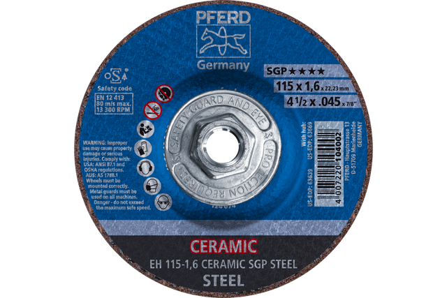 PFERD Cut-Off Wheel, 4-1/2" x .045 x 5/8-11, CERAMIC SGP STEEL, T27, Ceramic oxide