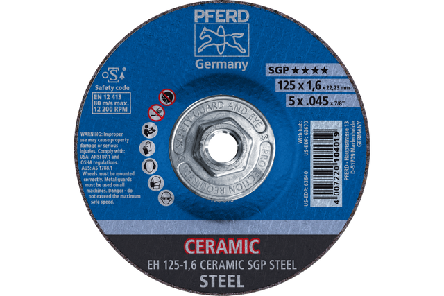 PFERD Cut-Off Wheel, 5" x .045 x 5/8-11, CERAMIC SGP STEEL, T27, Ceramic oxide