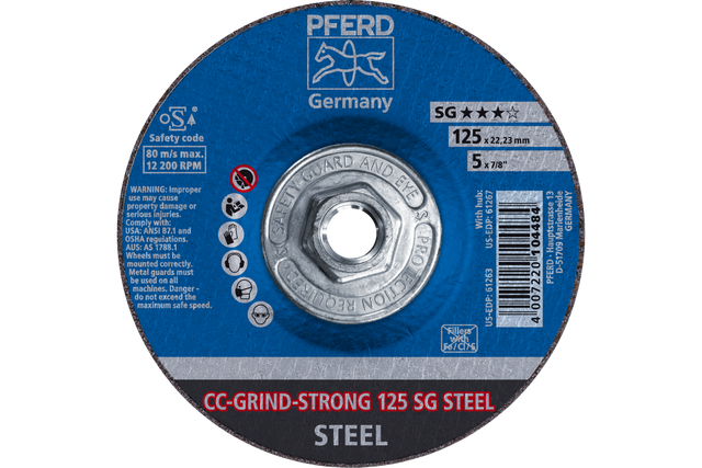 PFERD Grinding disc, CC-GRIND®-STRONG, 5" x 5/8-11, SG STEEL, Ceramic