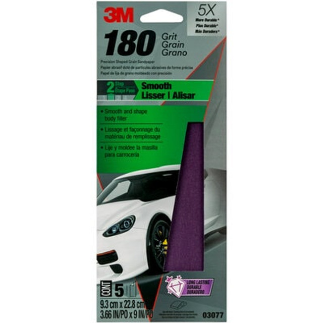 3M Performance Sandpaper 03077, 3-2/3 in x 9 in, 180 Grit, 5/Pack, 20 Pack/Case 3M Performance Sandpaper 03077, 3-2/3 in x 9 in, 180 Grit, 5/Pack, 20 Pack/Case