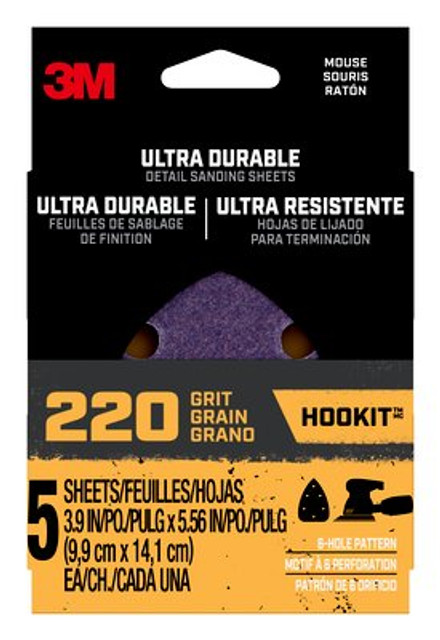 3M Ultra Durable Detail Sanding Sheets, 220 grit, Mouse5pk220, 5/pk, 20/case